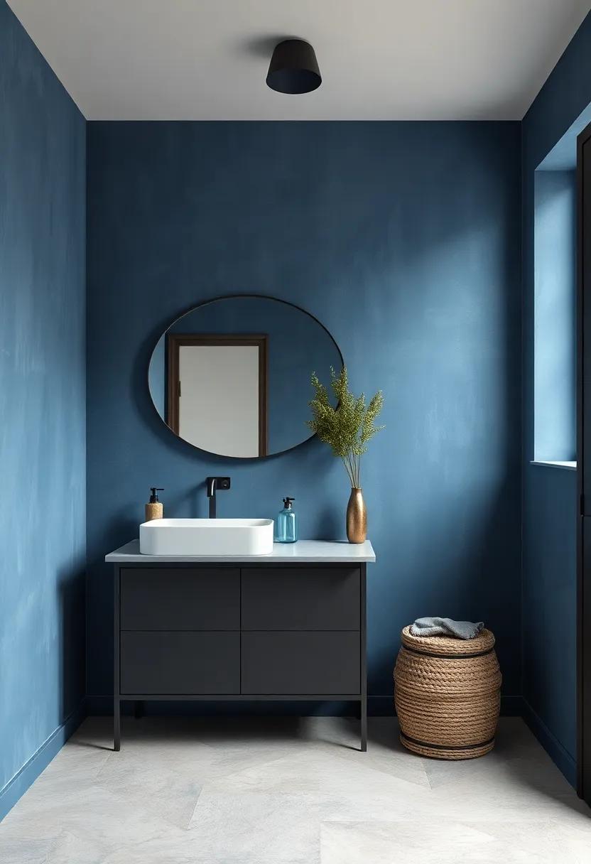 Denim Blue with matte Black Fixtures: casual yet stylish, this scheme brings a laid-back, industrial feel to the bathroom space