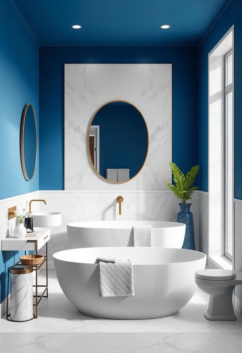 Cerulean Blue with Marble Details: Elegant cerulean walls matched with white marble add depth and a touch of luxury
