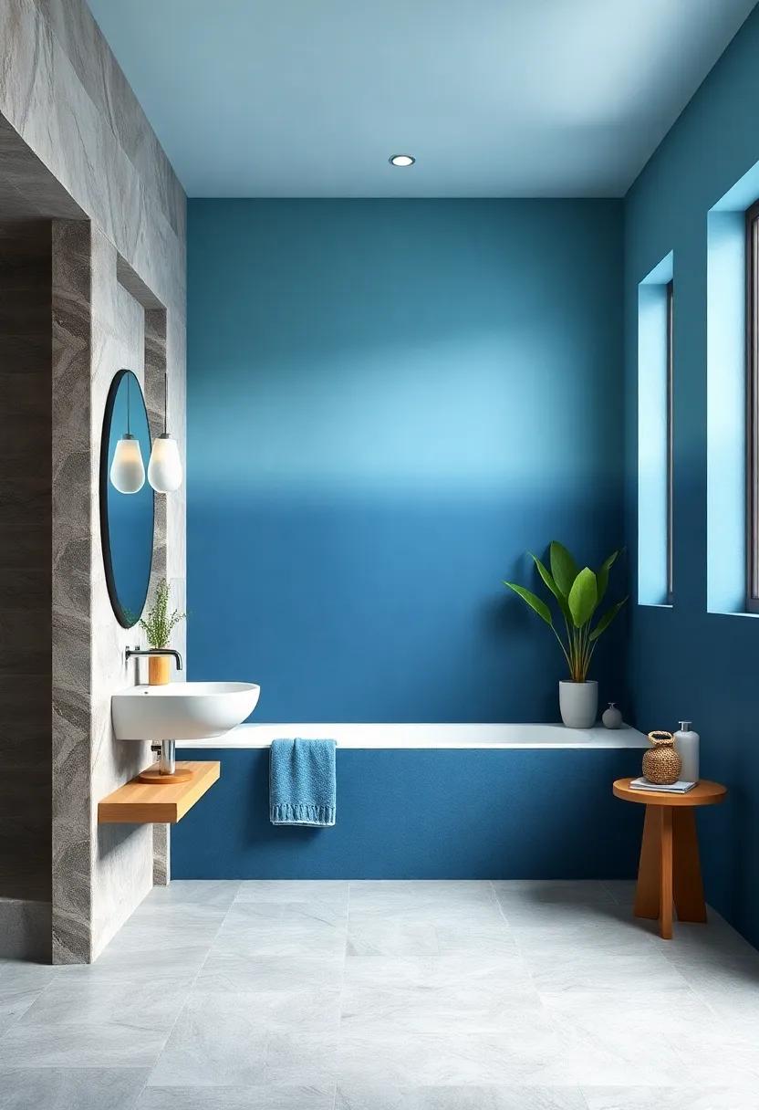 Blue Ombre Walls: Gradually shifting hues from navy to sky blue produce a dynamic and artistic feel
