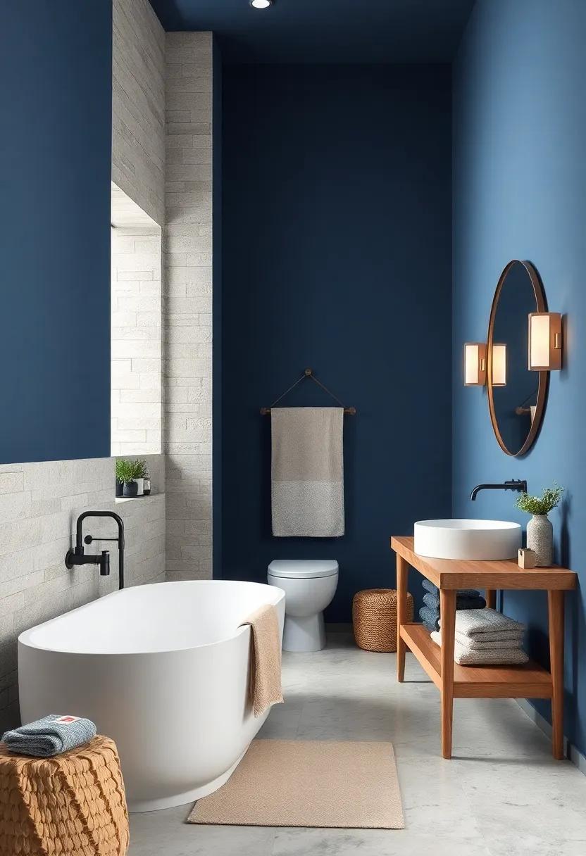 Classic Blue with Natural Stone Elements: Timeless blue walls paired with rugged stone textures bring nature's calm indoors