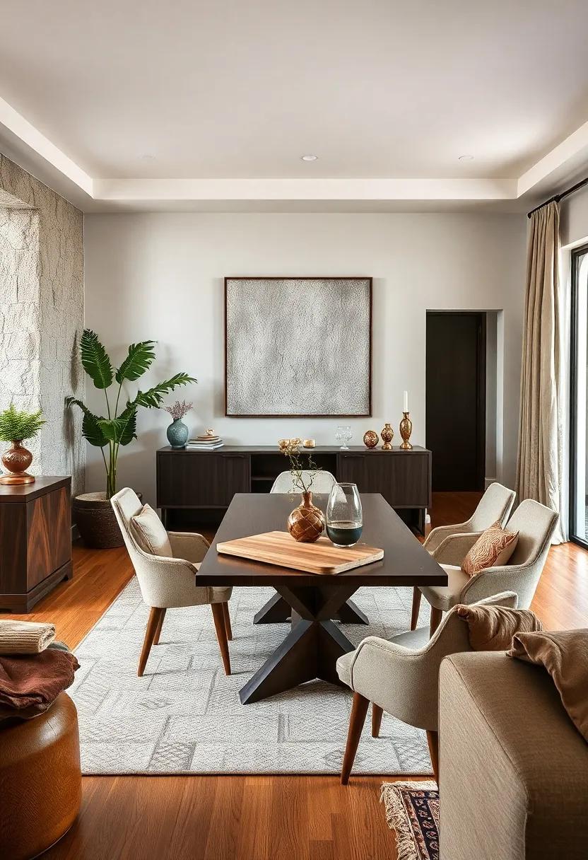 A contemporary dining room showcasing asymmetrical chairs, textured wall art, and a minimalist wood table centerpiece