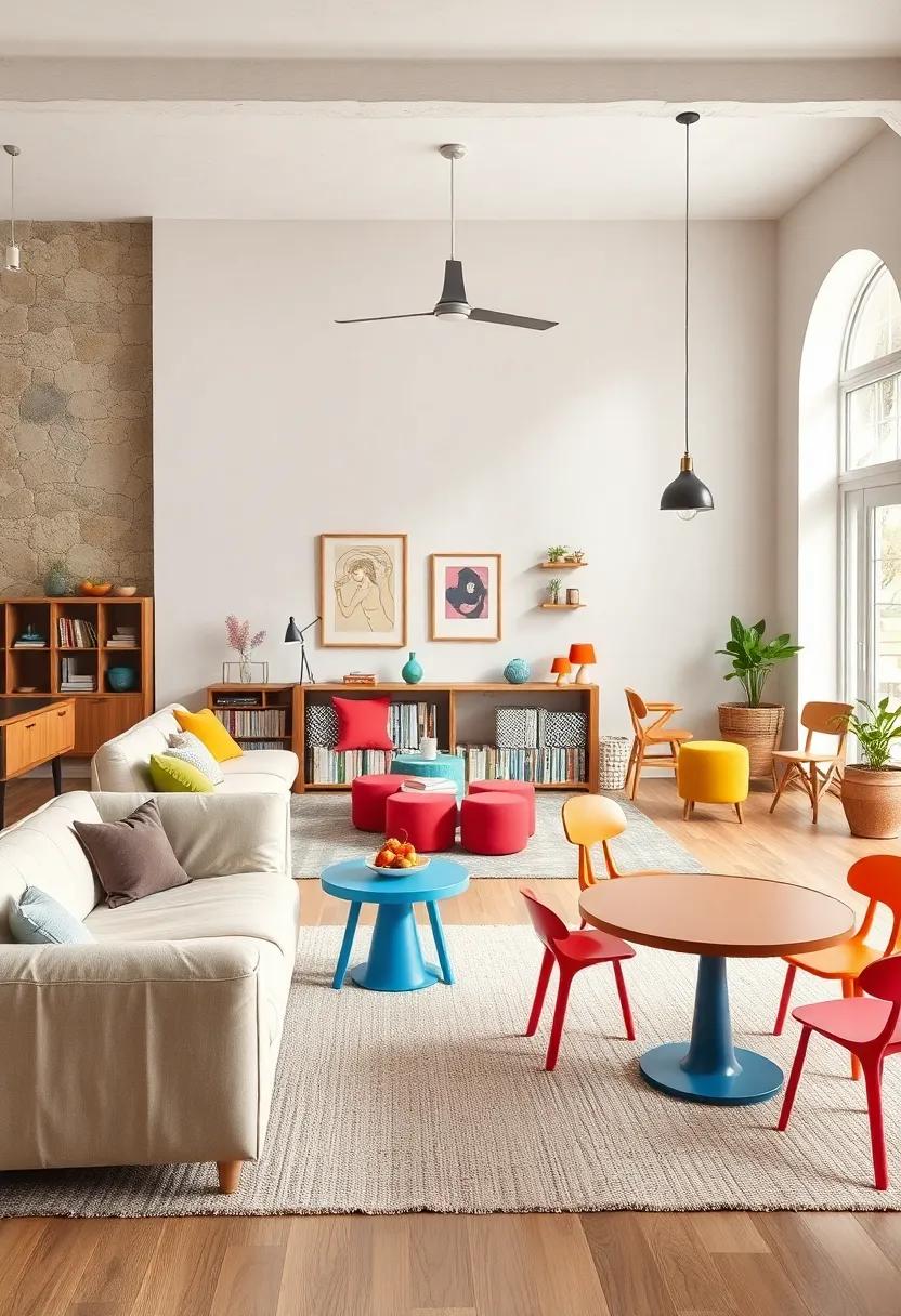 A family-friendly living room mixing durable modern furnishings with bohemian textiles and handcrafted decor