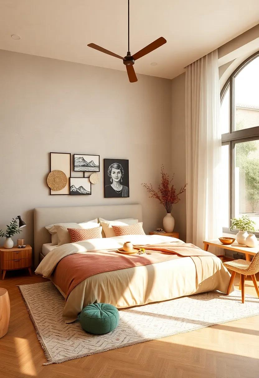 A romantic bedroom that unites soft mid-century lighting with bold, modern furniture lines for a harmonious balance
