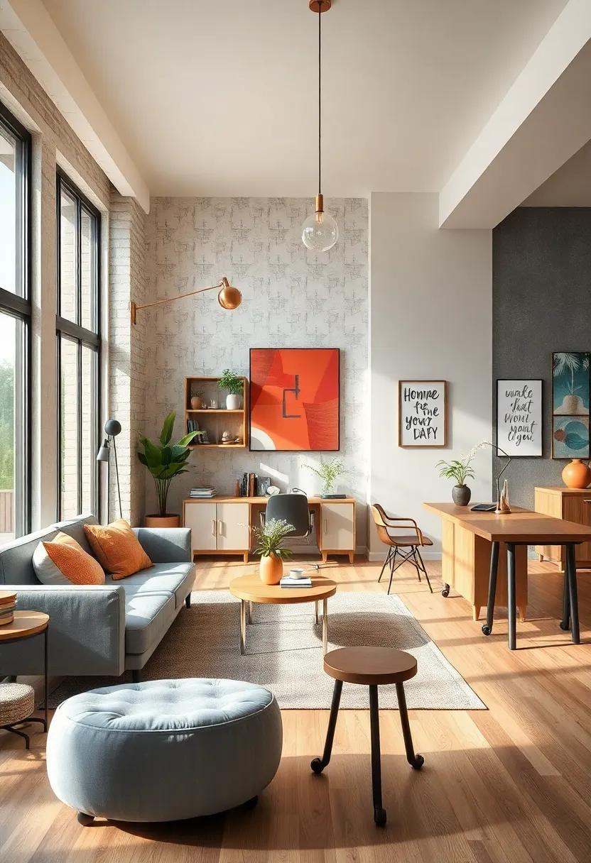 A creative studio with rolling modern desks, industrial stools, and inspirational wall panels to fuel endless ideas