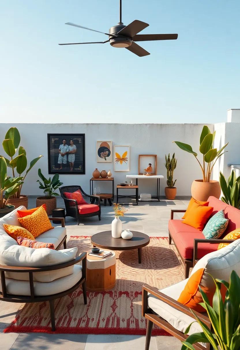 A rooftop terrace outfitted with modern outdoor furniture, colorful cushions, and sculptural decor for a creative open-air retreat