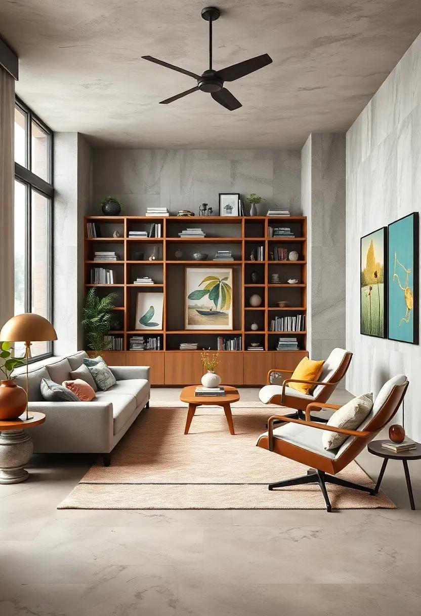 A cozy cabin featuring mid-century modern armchairs alongside rustic wooden tables, inviting both relaxation and creative thought