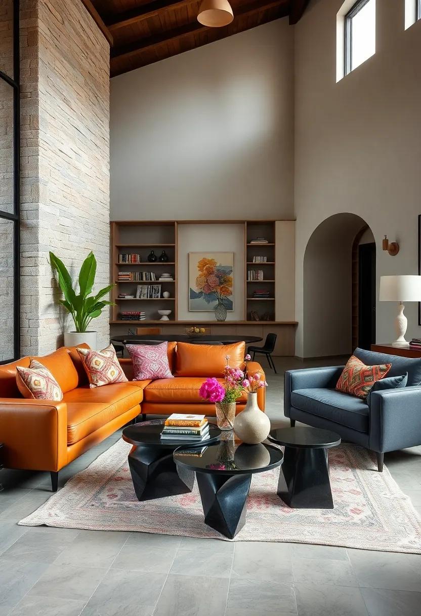 A mixed-material living room where leather sofas meet vibrant patterned cushions and sculptural coffee tables