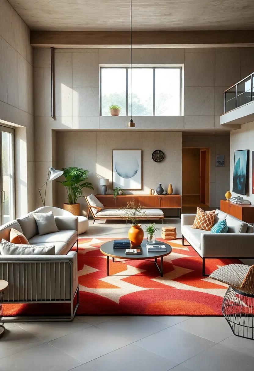 A bright, open-plan living area mixing bold geometric rugs with streamlined metal furniture, offering a playful yet sophisticated vibe