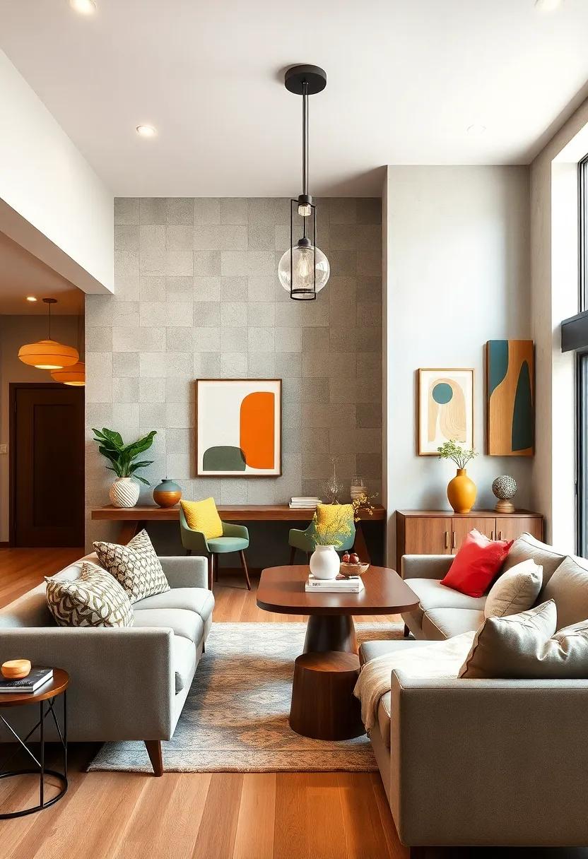 A mid-century modern dining space enhanced with playful pendant lighting and eclectic wall art to foster lively conversations