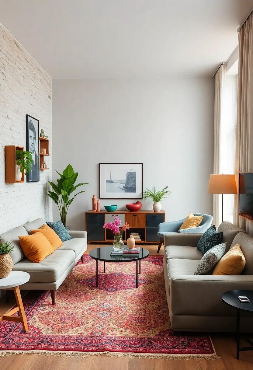 A compact urban apartment using multifunctional modern furniture alongside vintage carpets, maximizing style and utility