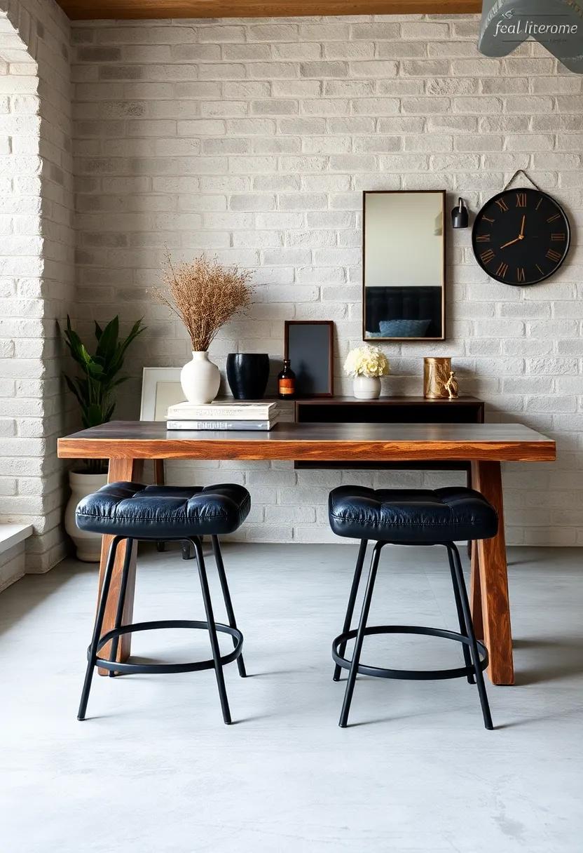 Choose sleek⁣ black leather stools at a repurposed factory table used as⁣ a vanity for⁢ practical and stylish ​industrial bedroom seating