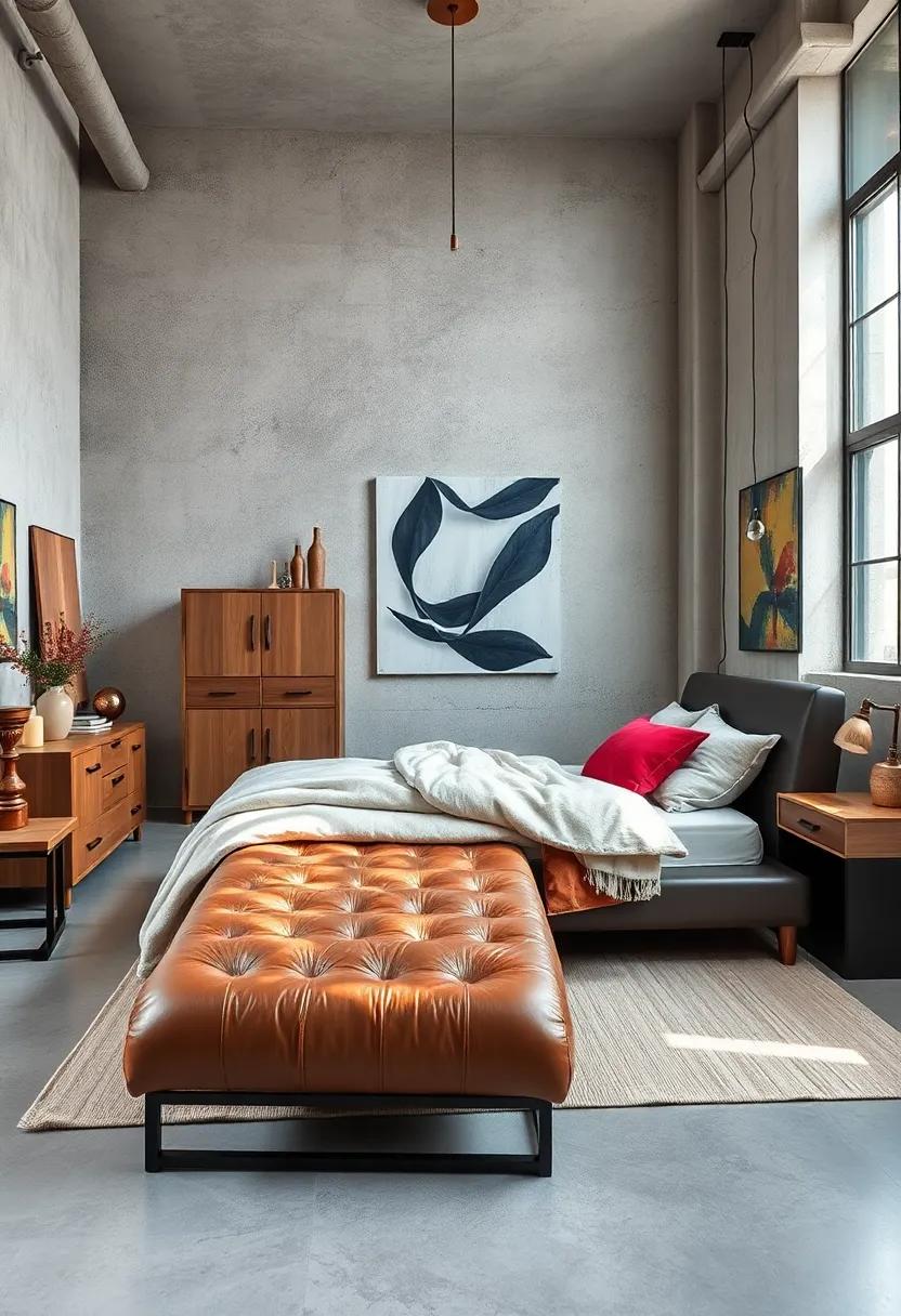 Choose a leather chaise lounge ⁤with an exposed‌ metal frame​ as​ a statement piece in⁣ a ⁤spacious industrial bedroom setting