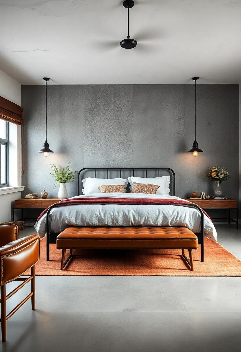 Combine a tufted leather bench at ‌the​ foot of an iron-framed bed with steel pendant lights for a chic and ‍functional industrial style