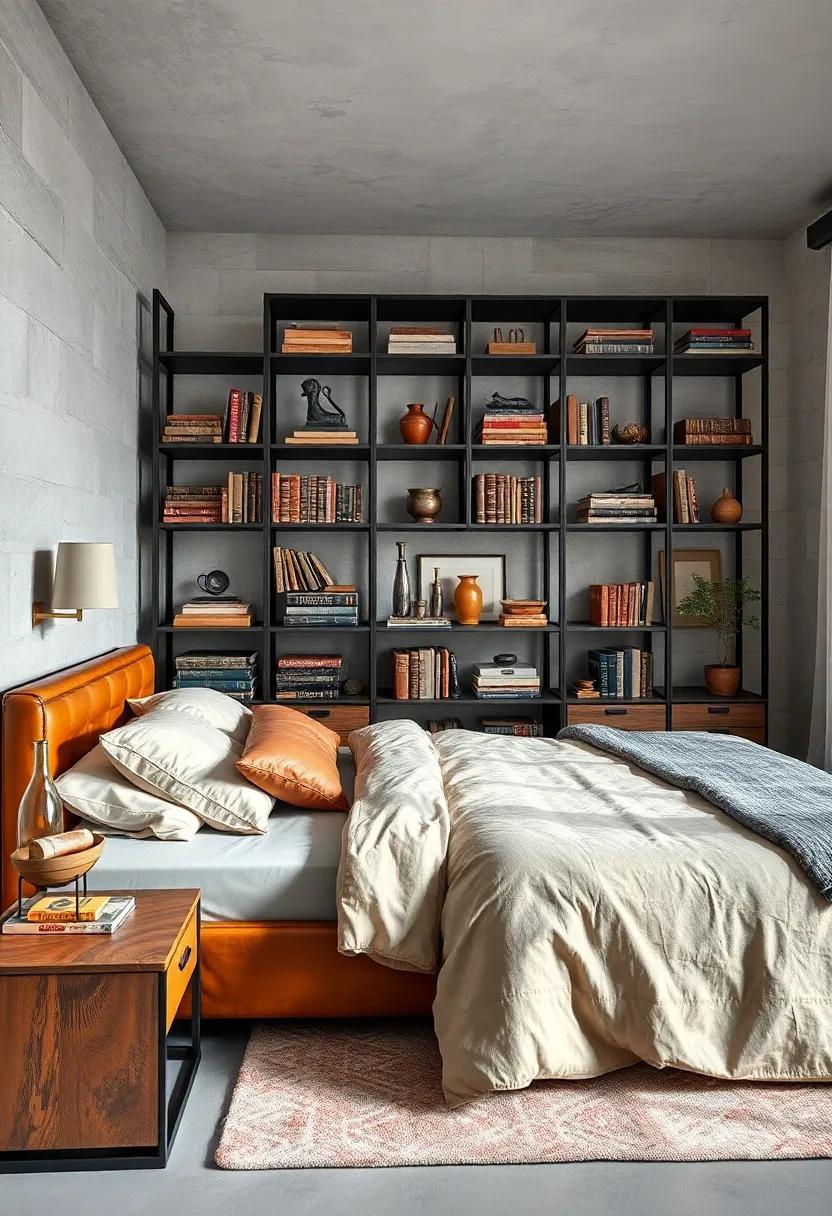 Decorate ⁣with‍ leather-bound books and metal sculptures atop ⁤steel shelving for ‌a stylish blend of intellectual⁢ and industrial elements