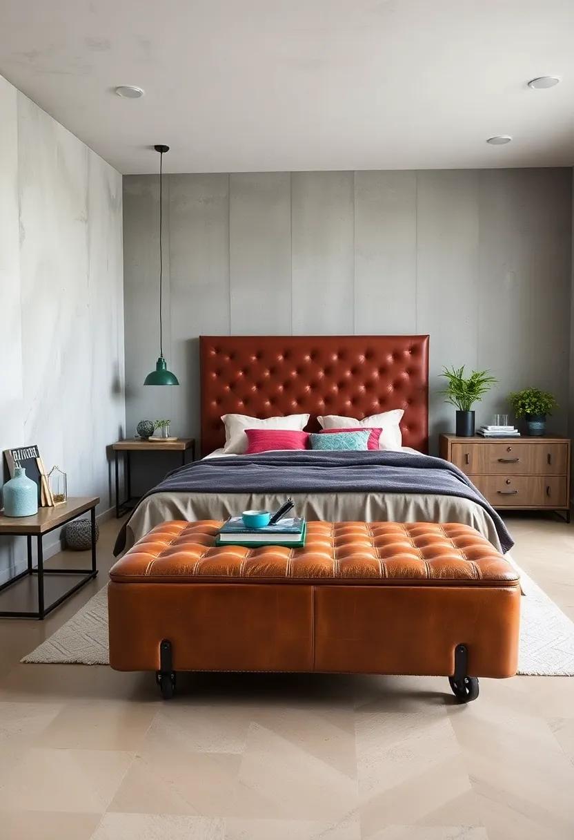 Incorporate an oversized leather ottoman with industrial wheels for ‍versatile seating‍ and stylish⁢ storage at the end of the bed