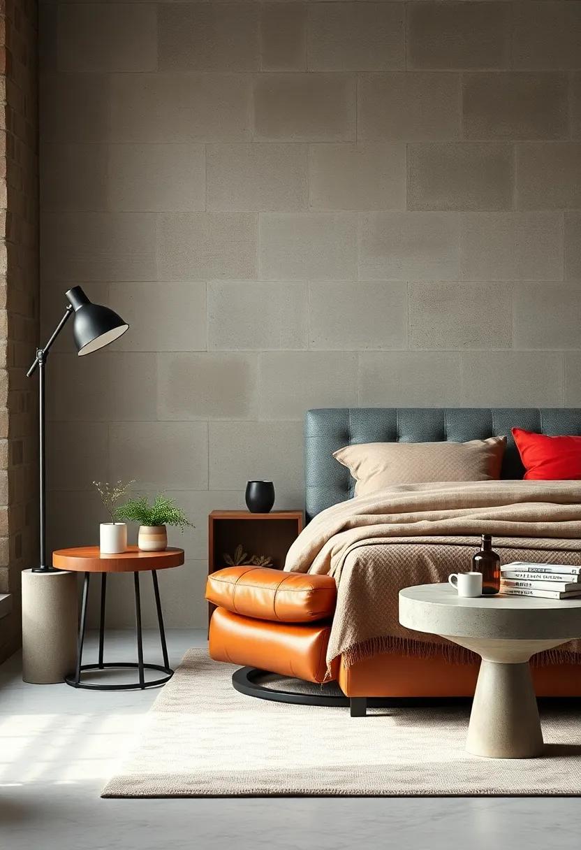 Layer a vintage leather recliner with a metal floor⁣ lamp and concrete side table⁣ for⁣ a nostalgic touch in your modern industrial bedroom