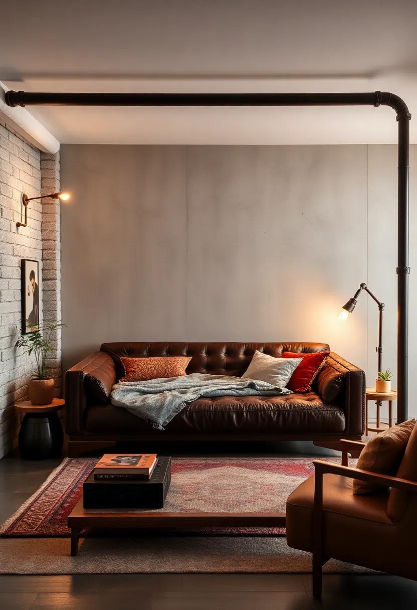 Use a matte leather daybed framed by steel pipes and Edison-style ⁢light bulbs ⁢to create an effortless industrial ⁣lounge area
