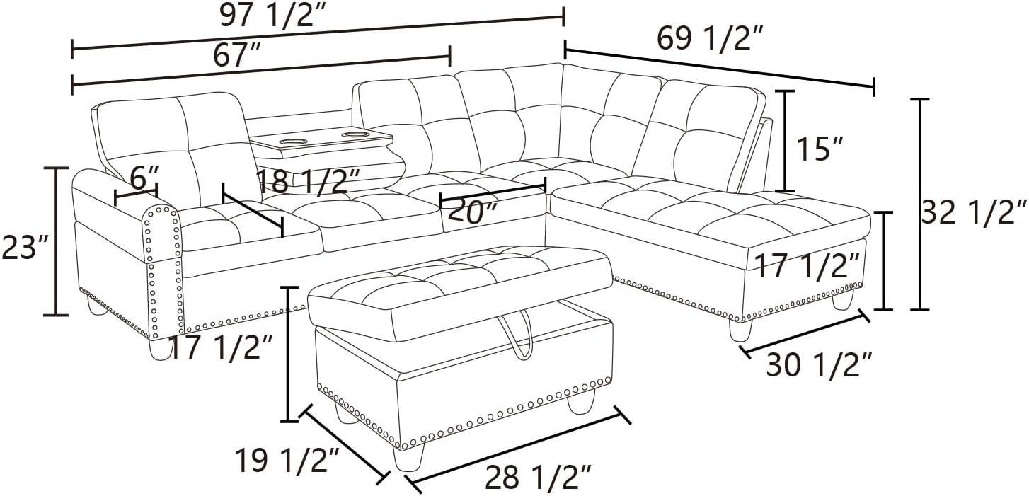 L-Shaped Faux Leather Couch with Cozy Chaise & Cup Holders