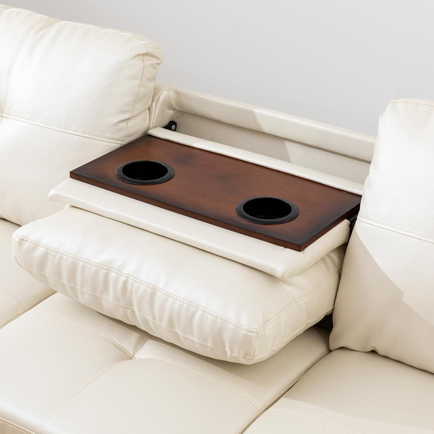 L-shaped Faux Leather Couch with Cozy Chaise & Cup Holders