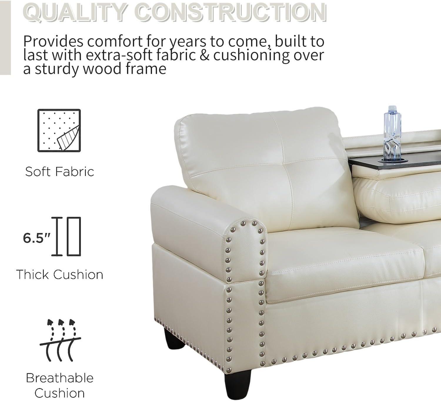 L-Shaped Faux Leather Couch with Cozy Chaise & Cup Holders