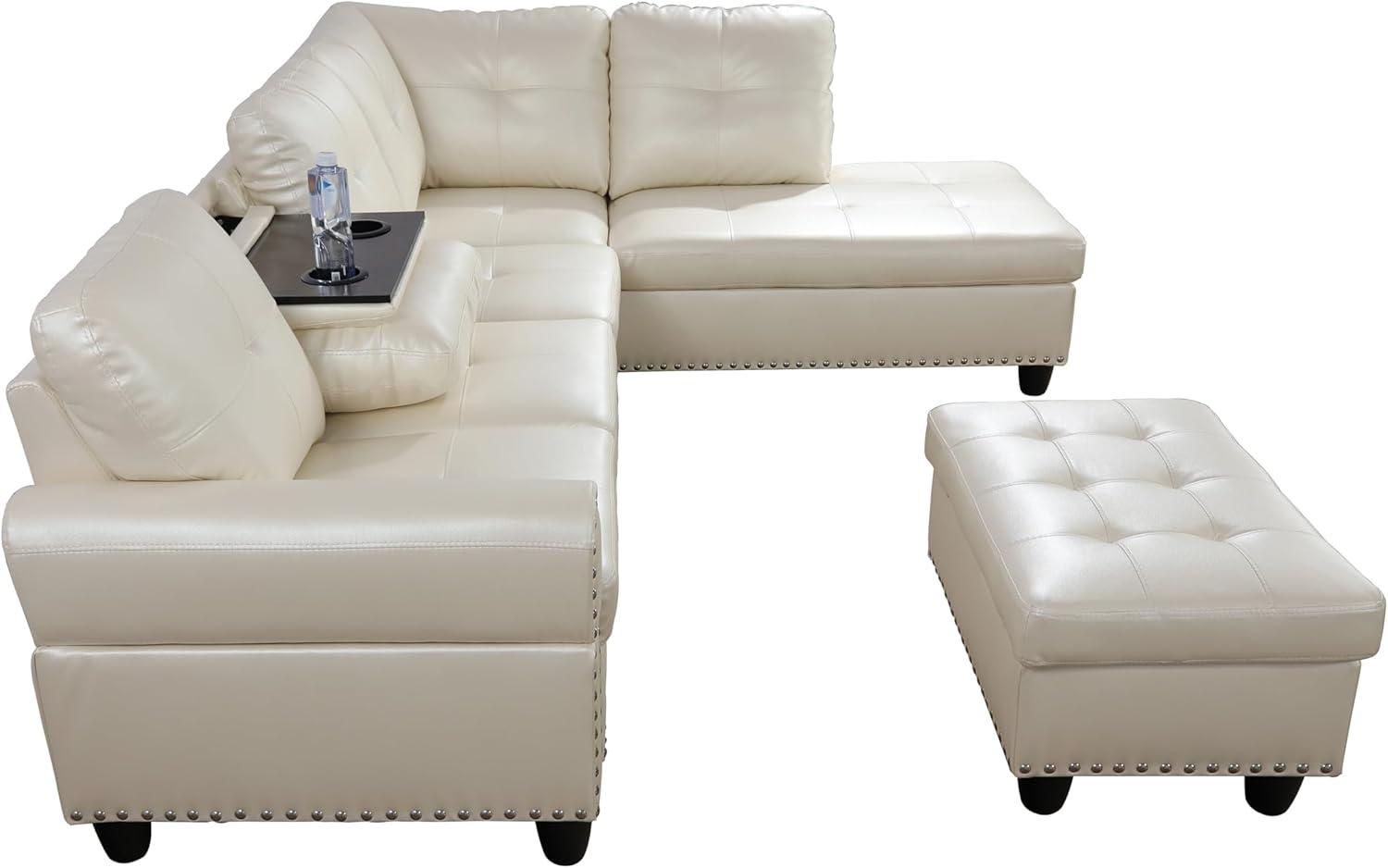 L-Shaped Faux leather Couch with Cozy Chaise & Cup Holders
