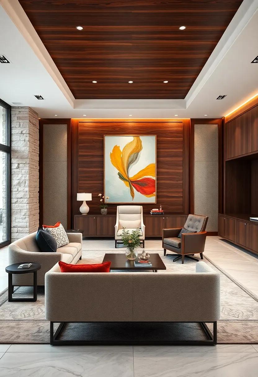 Classic Dark Wood Paneling Paired with Modern Artwork