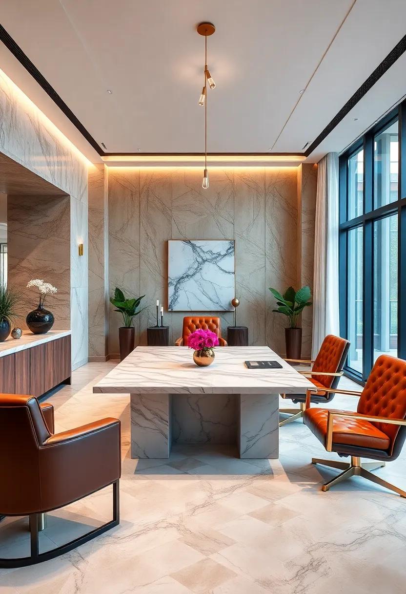 Elegant Marble Desk with Brass Accents and Leather Seating