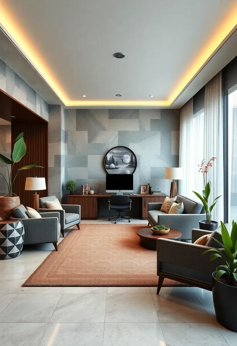 Nature-Inspired Workspace Featuring Stone Elements and Water Features