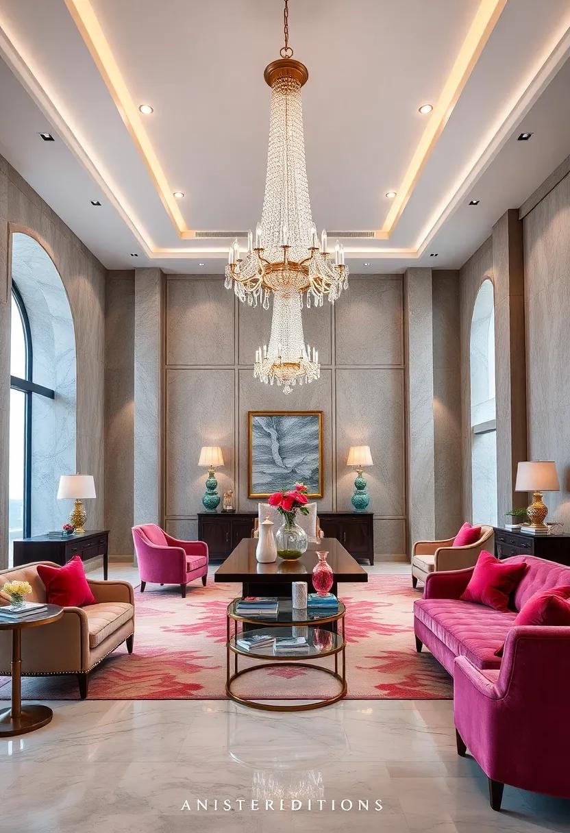 Opulent Office with Crystal Chandeliers and Velvet Upholstery