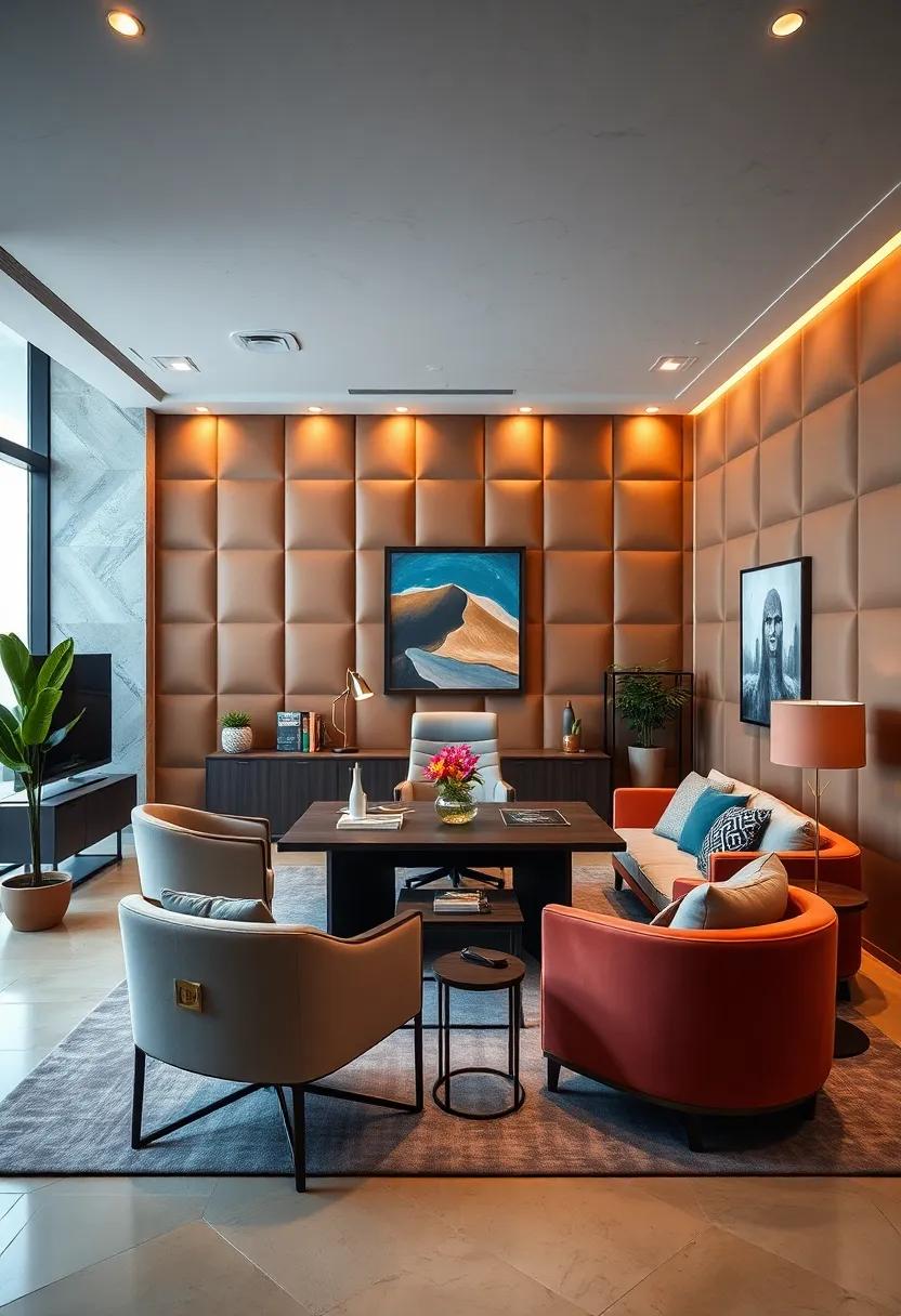 Sophisticated Workspace with Leather Panel walls and Accent Lighting