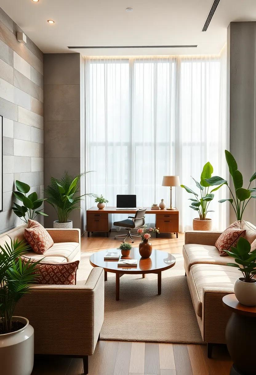 Zen-Inspired Workspace with Natural Materials and Indoor Plants