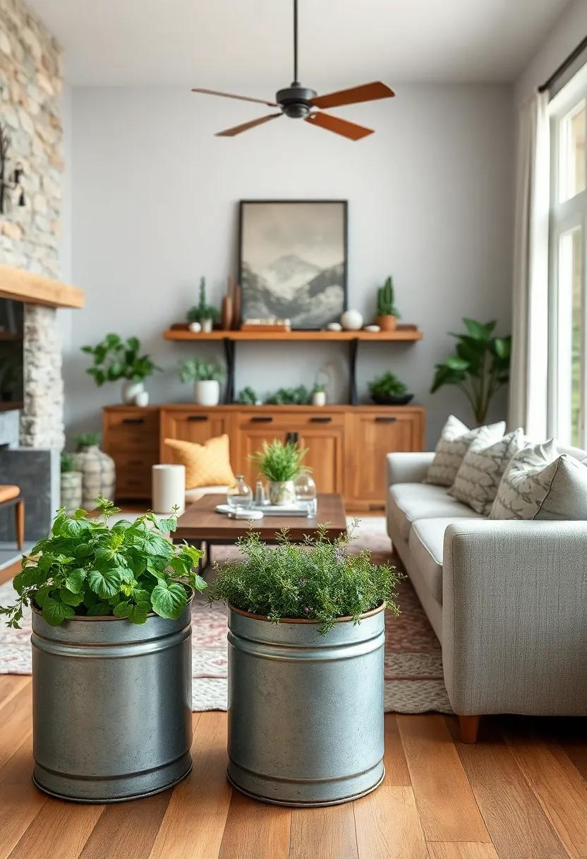 galvanized Metal Planters with Fresh Herbs or Flowers