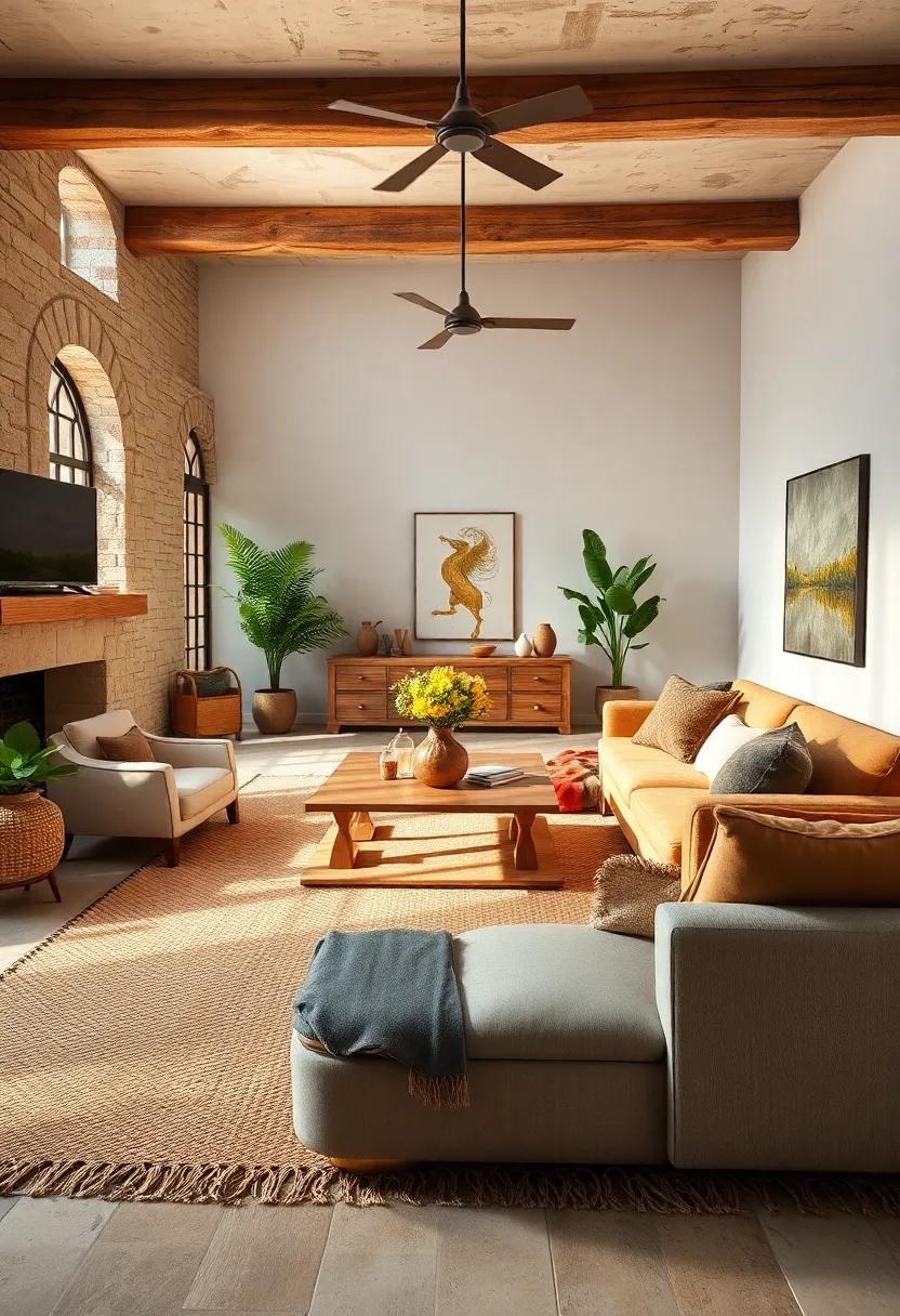 Layered Natural Fiber Rugs to ground the Space