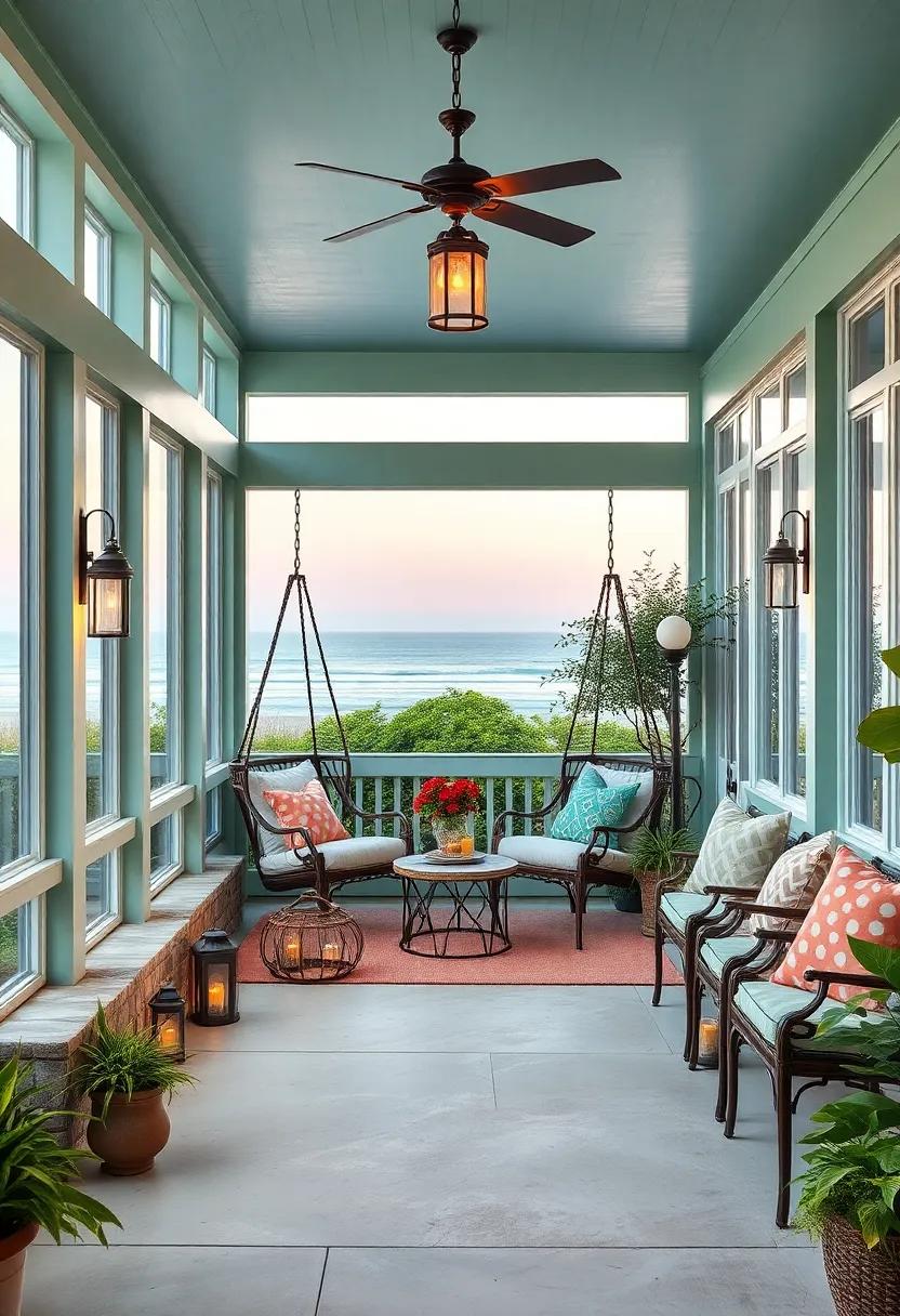 An airy screened porch painted ‌in cool seafoam⁣ green, ⁢showcasing ⁣cozy hanging chairs and lantern ⁣lighting that‍ creates a soothing twilight ambiance