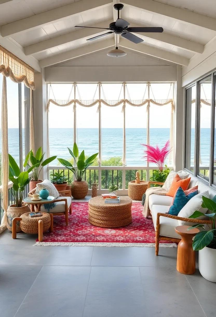 A boho-inspired screened porch featuring macramé decor, layered rugs, and​ tropical flora that enhance the natural beauty of the⁣ ocean view