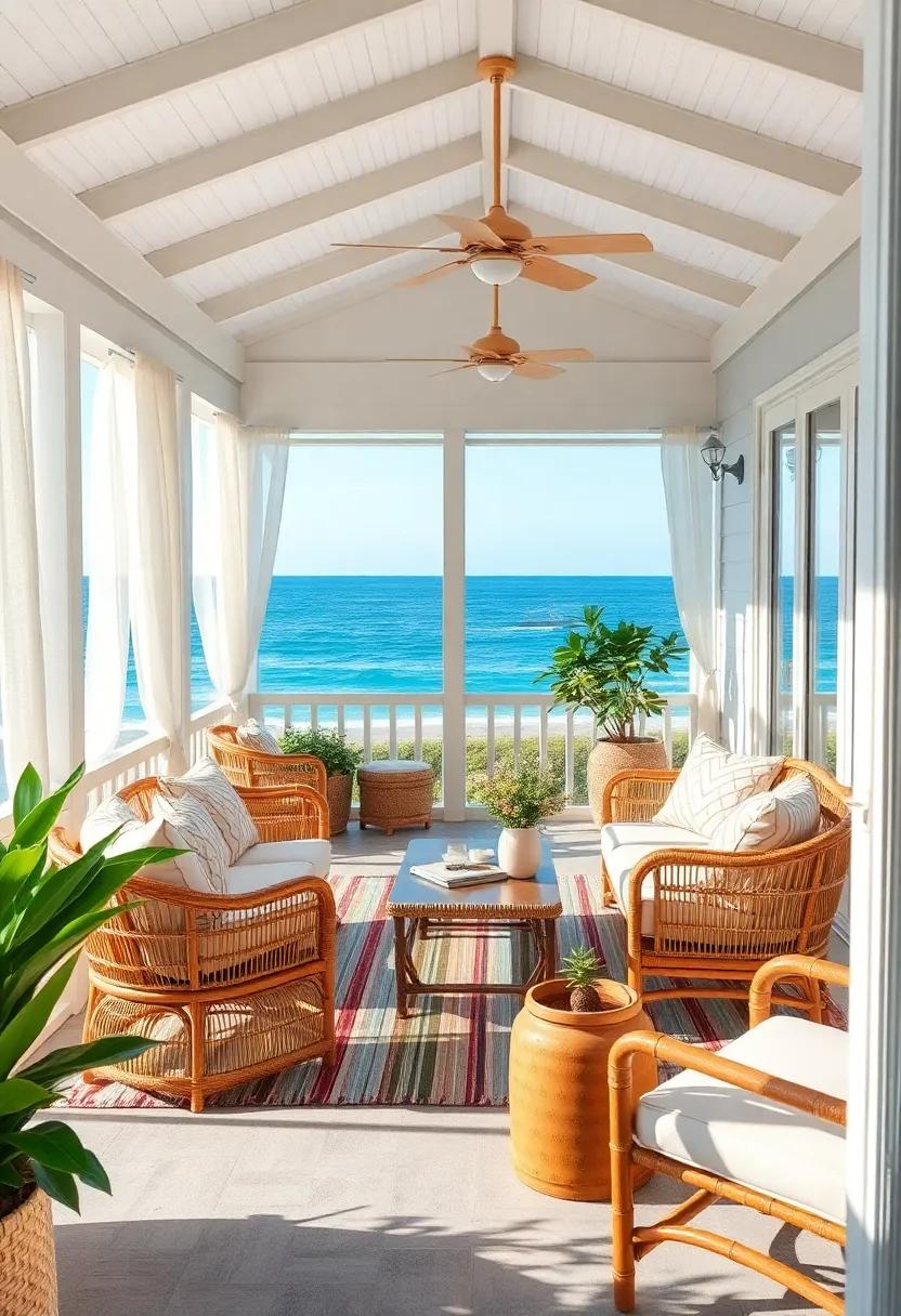 A bright and breezy porch outfitted ​with lightweight bamboo furniture,striped outdoor rugs,and sheer curtains that flutter in the⁣ ocean⁢ wind