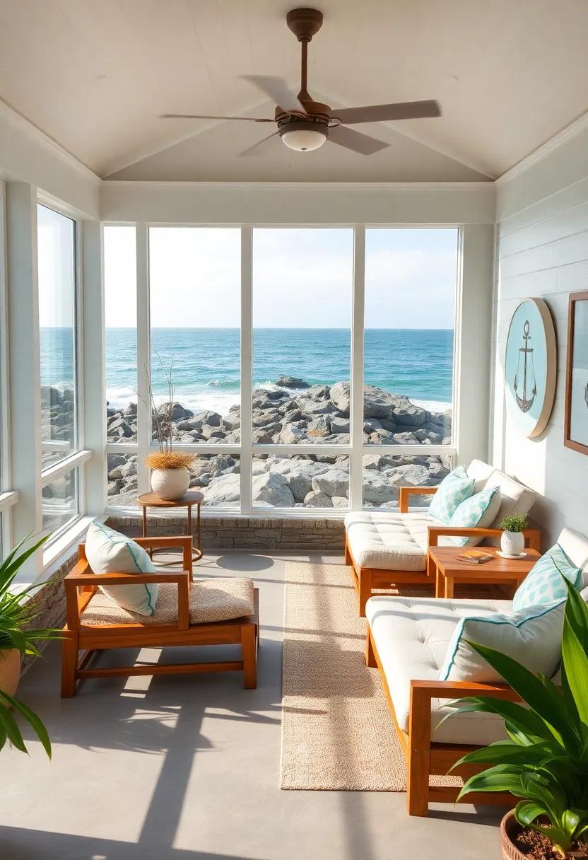 A bright⁢ screened porch overlooking a⁤ rocky shoreline, furnished with ⁣durable teak loungers, soft cushions, and⁣ nautical-themed wall⁣ art to inspire seaside serenity