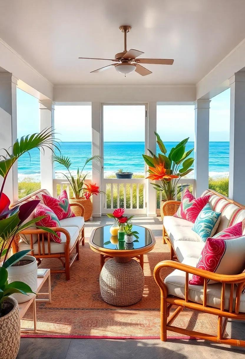 A charming screened porch wrapped in vibrant tropical hothouse plants, bamboo furniture, and ocean-inspired throw pillows ⁢that invite relaxation