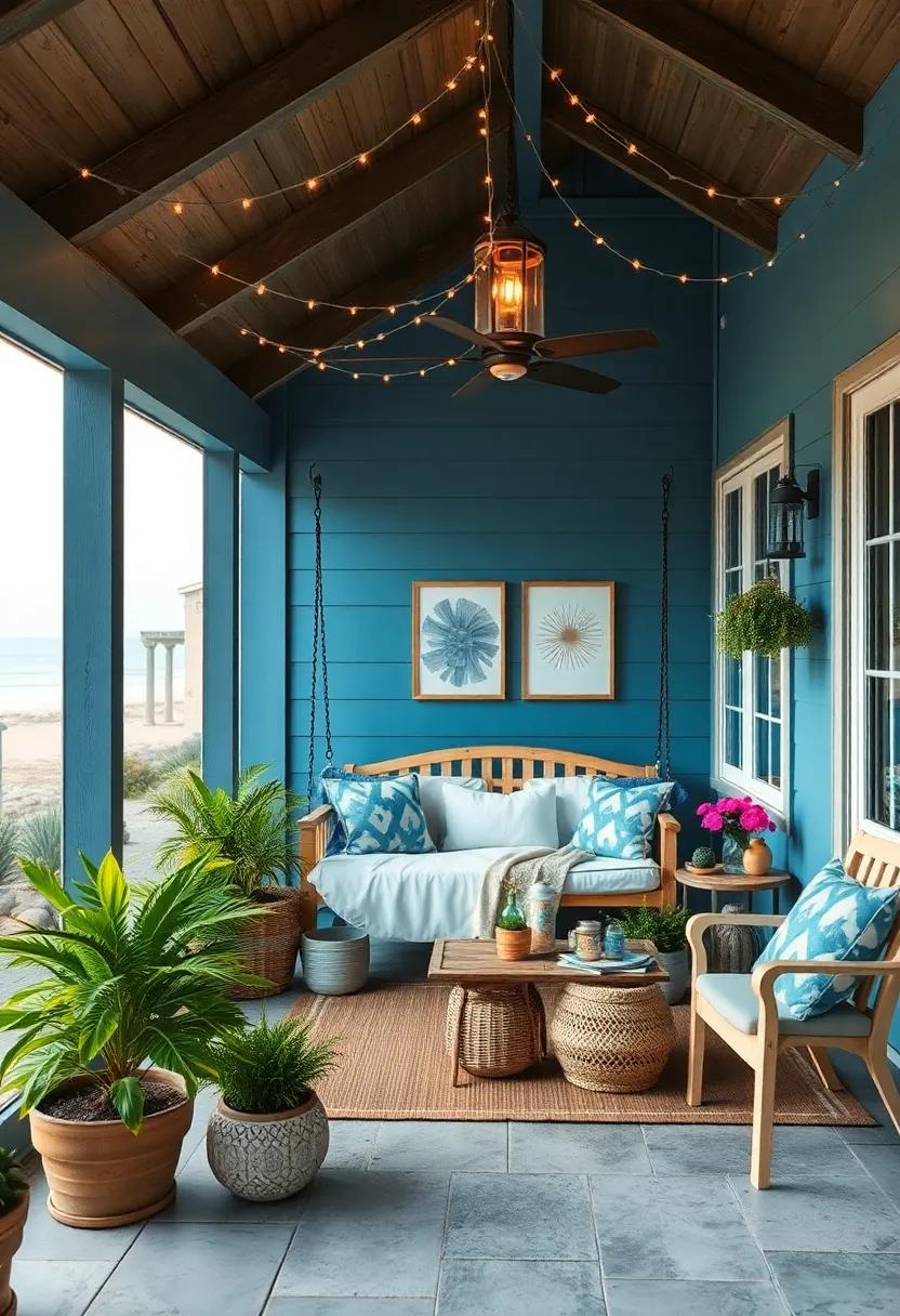 A charming ⁤screened porch featuring‍ coastal ‍cottage‍ blue ​walls, a⁤ hanging⁣ swing bed,⁣ and soft fairy ⁢lights draped‌ overhead for‌ a magical evening setting