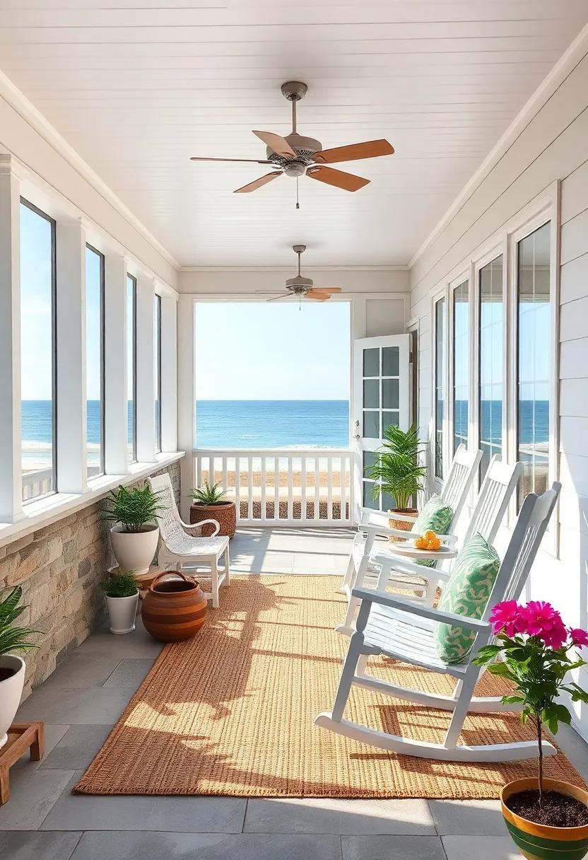A classic Cape Cod style porch with beadboard walls,‍ white‌ rocking‍ chairs, and a woven ‌seagrass​ rug,⁢ inviting you‌ to linger ‍with the sea breeze