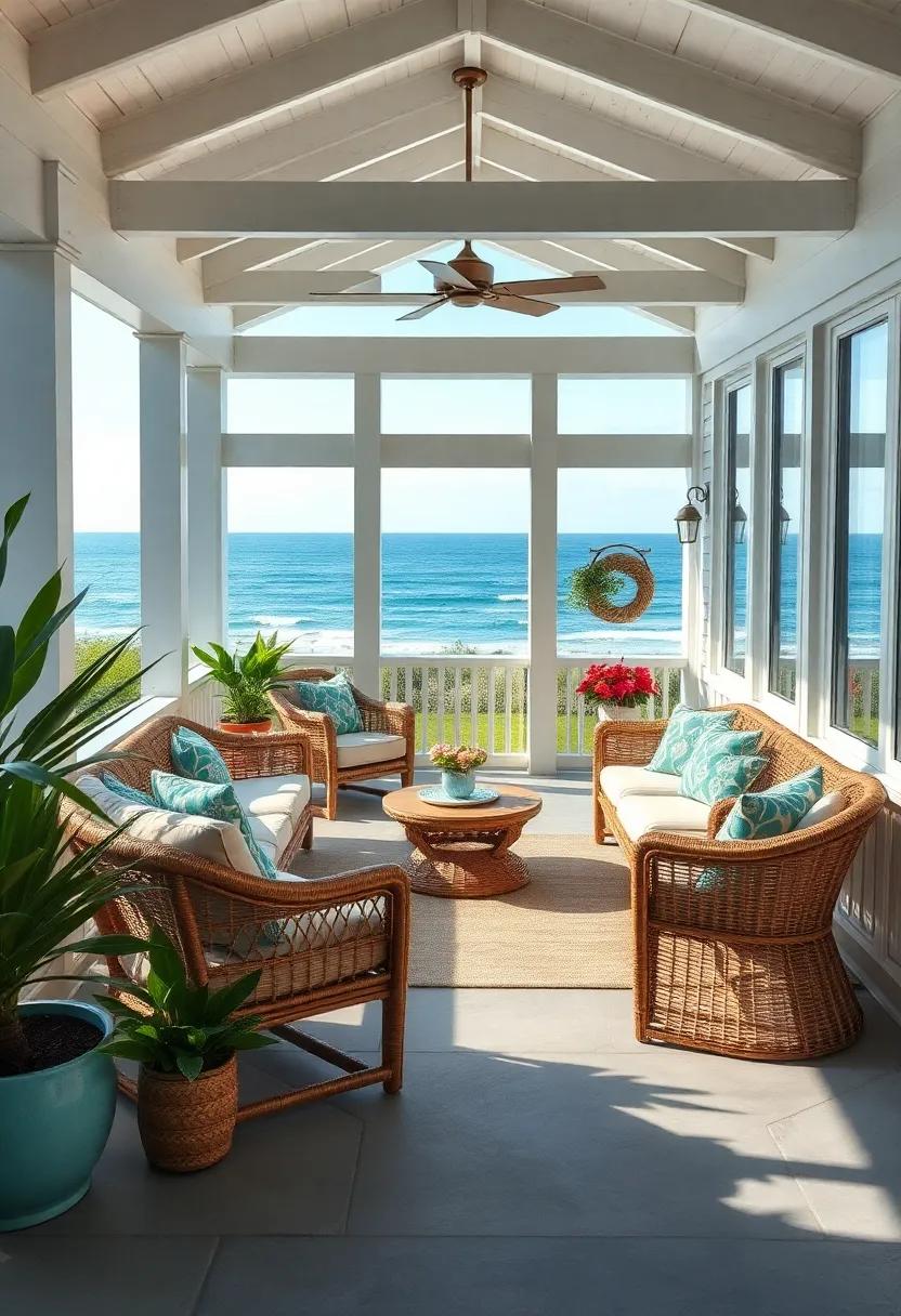 A coastal ⁣cottage‍ screened porch featuring ‍white-washed ​wooden beams, rattan furnishings, and soft⁢ blue cushions that blend seamlessly ⁤with‍ the ocean's ⁤horizon