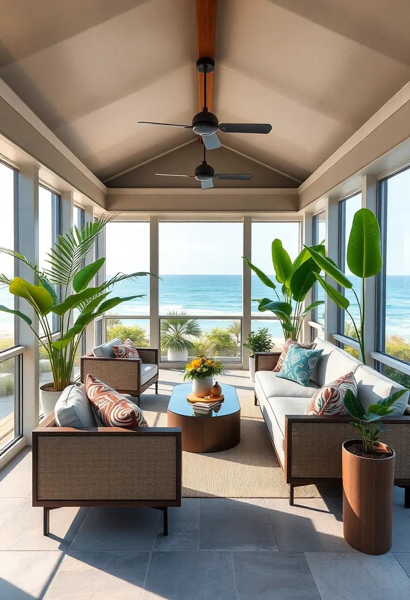 A contemporary screened porch boasting sleek outdoor sectional sofas,glass railings,and ⁢oversized plants that bring a‌ touch of ⁣coastal jungle indoors