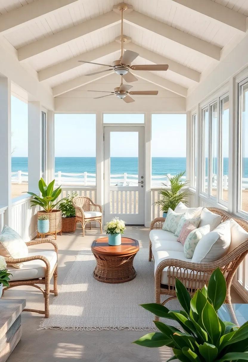 A cottage-style ⁤porch‌ bathed in ‌natural light, with pastel-toned wicker​ furniture⁢ and sea ⁢glass-inspired accessories ​creating a tranquil ⁣oceanfront escape