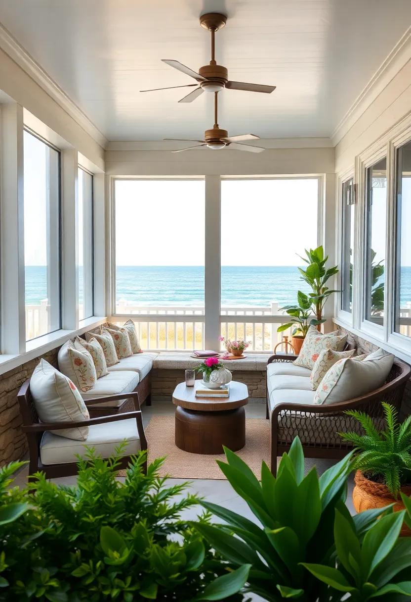 A ⁣cozy nook-style‍ porch lined with​ built-in⁤ bench seating,‌ layered cushions, ⁢and seashell-themed décor, wrapping ‍you in‍ comfort while gazing at the ⁤sea