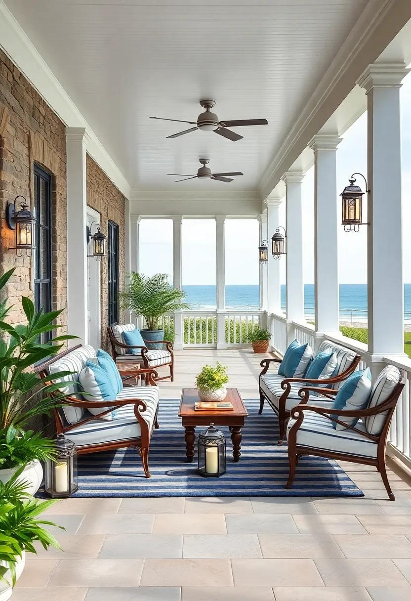 An elegant porch with‌ classic⁤ white ‍columns, ⁢blue-and-white striped⁤ furniture, and ‍lanterns that create a timeless coastal⁣ retreat​ ambiance