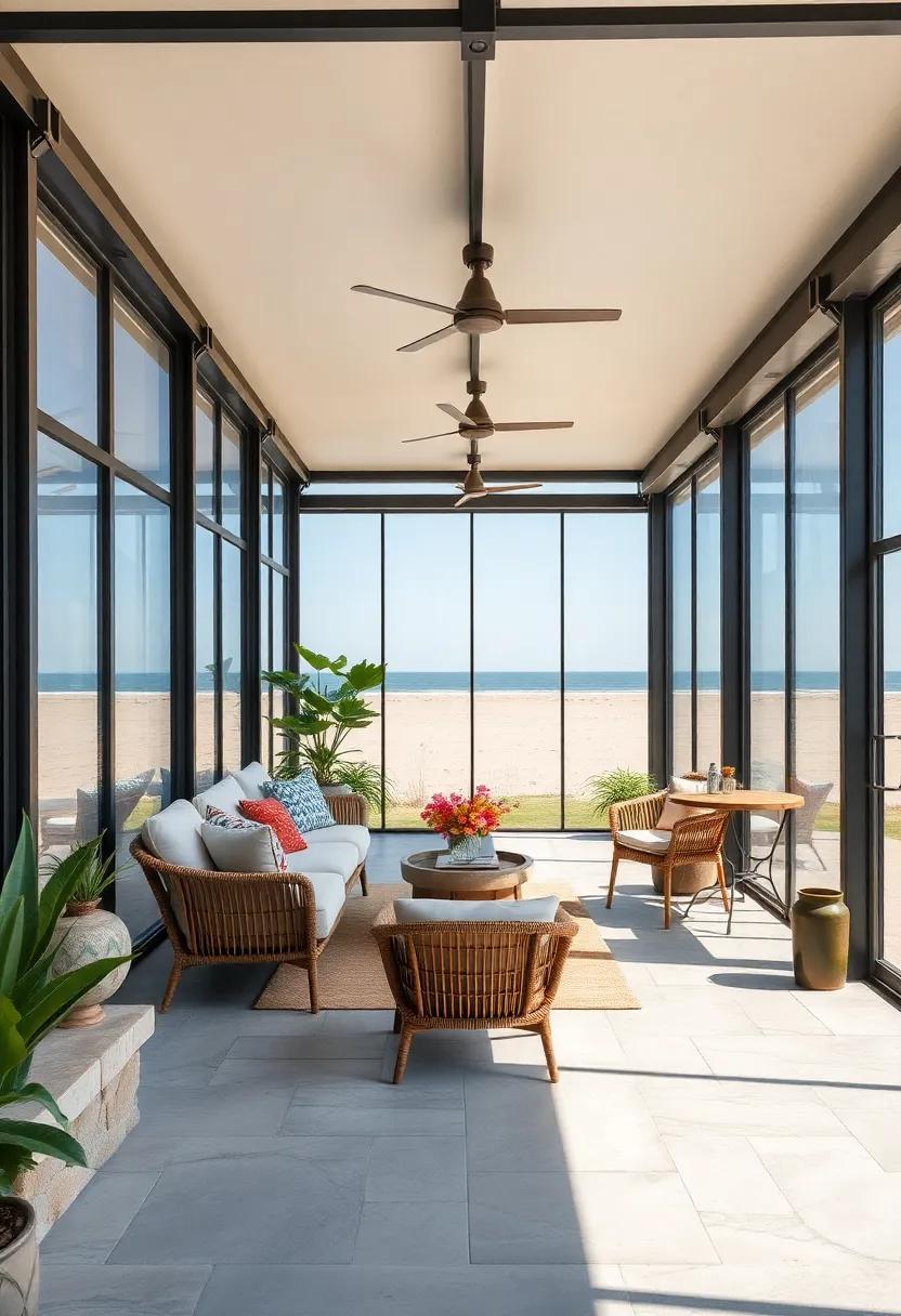 An ‌industrial-chic porch with ⁣exposed metal beams, concrete floors, and rattan club ⁢chairs, offering a stylish contrast ​to the sandy ocean‍ backdrop