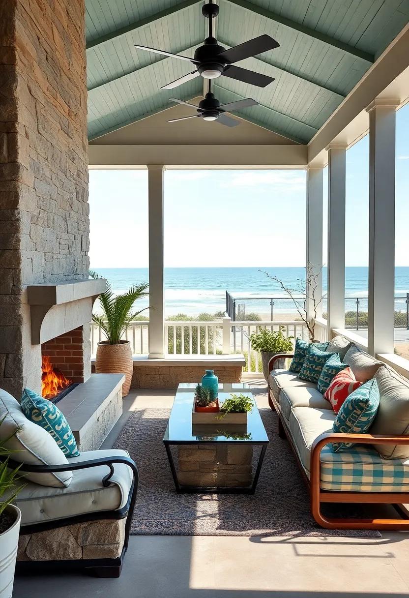 A luxury beachfront porch outfitted with ​a fireplace, plush‌ sectional seating, and glass side tables, ‌perfectly blending warmth with the ‍cool coastal⁣ air