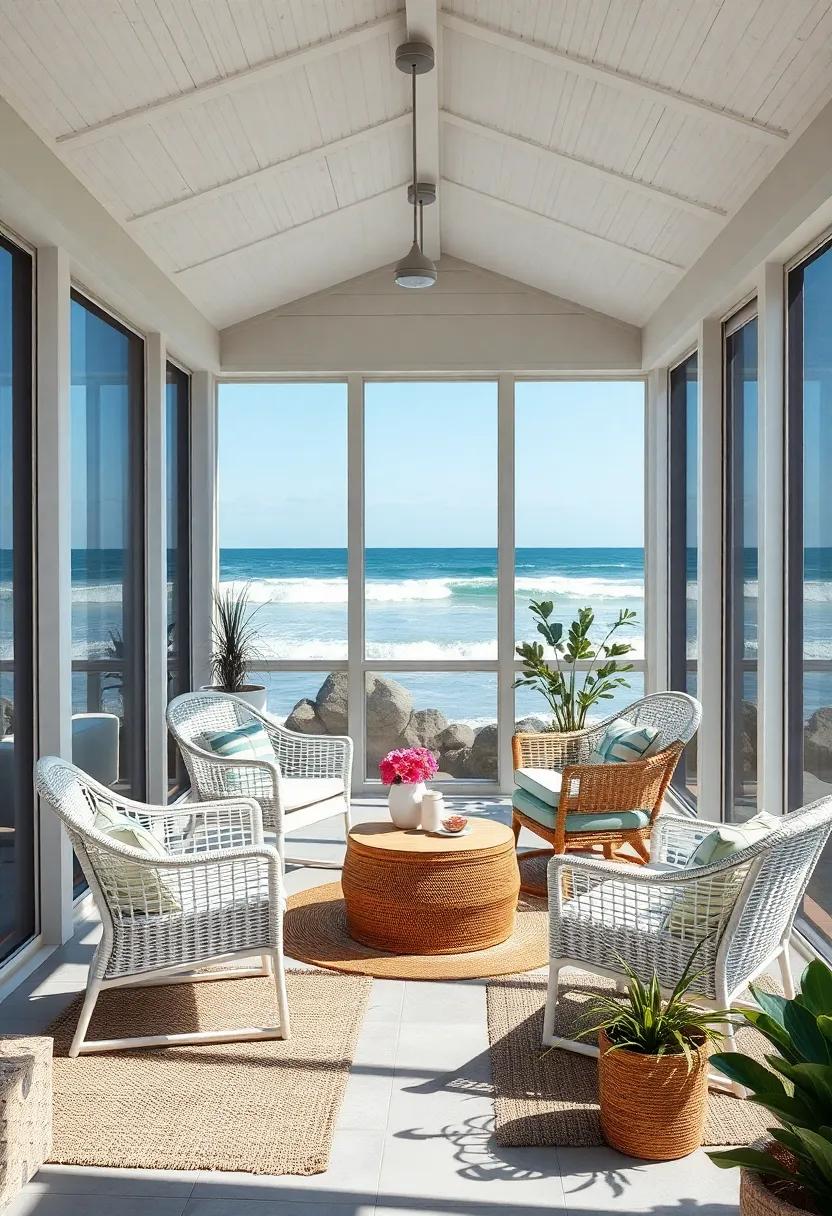 A minimalist porch space with white wicker chairs, woven rugs, and an unobstructed view of ‍crashing‌ waves through nearly invisible⁣ screening