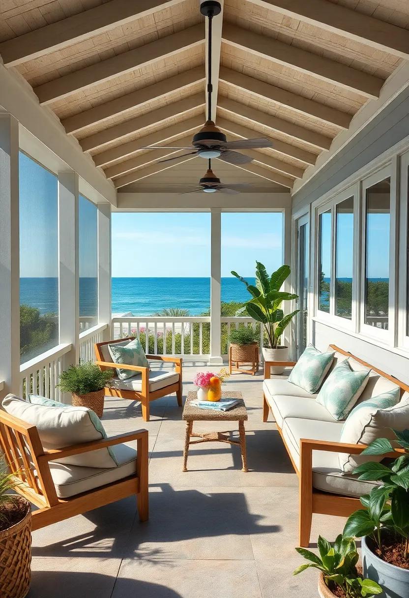 A minimalist coastal porch with clean lines, ​light wooden furniture, and neutral⁣ throw pillows that‌ effortlessly blend‍ relaxation with contemporary style