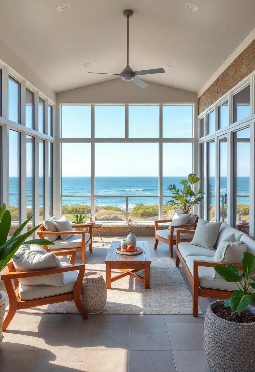 A ⁤modern screened porch with ⁤floor-to-ceiling glass ​panels that⁣ frame panoramic ​ocean views,complemented by minimalist teak furniture and neutral-toned decor
